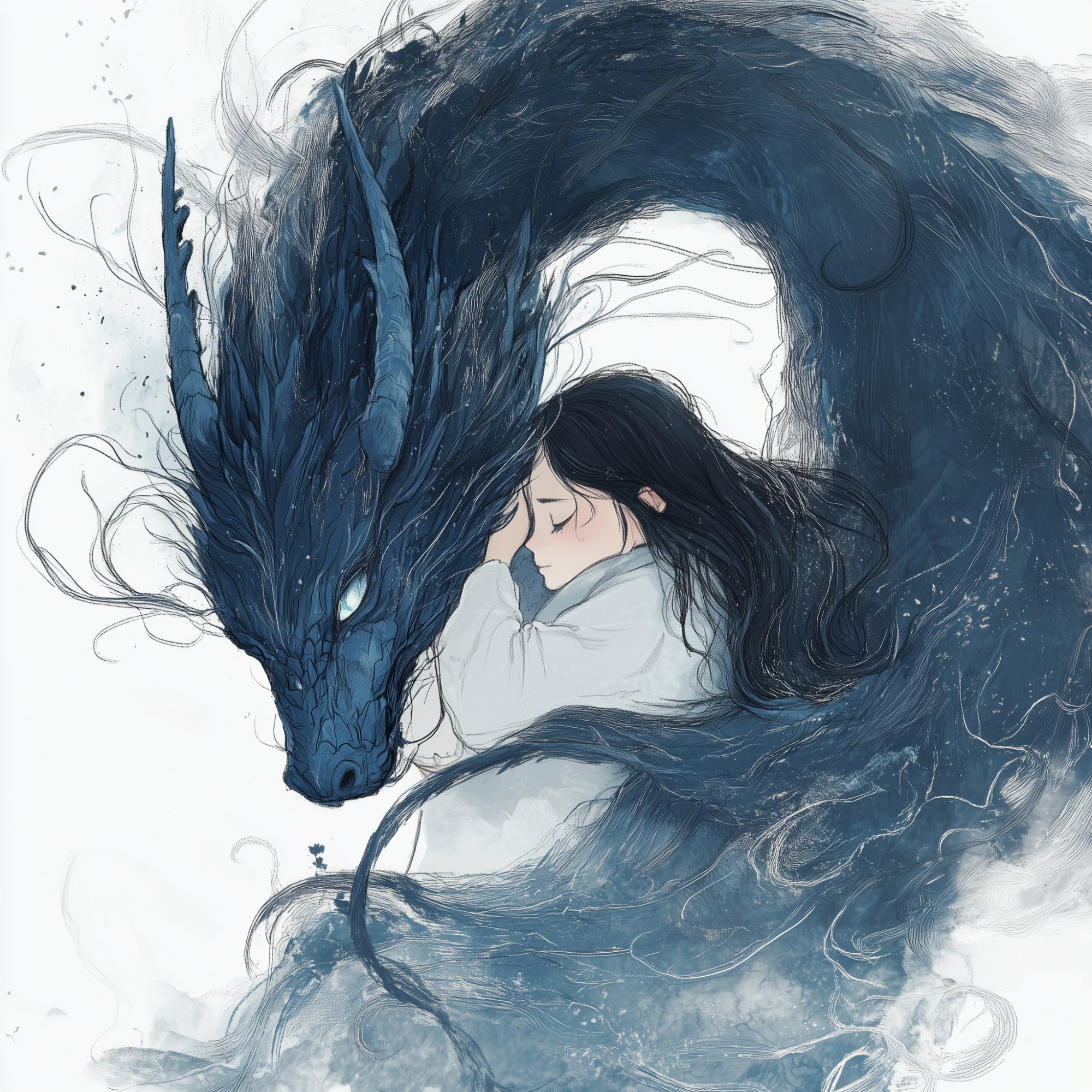 A Japanese woman with long black hair nestles against a deep blue dragon covered in flowing fur. The dragon curls protectively around her in an ink-wash style illustration.